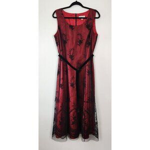 Coldwater Creek Red Dress W Black Floral Velvet Burnout Overlay, Size 12, Belted